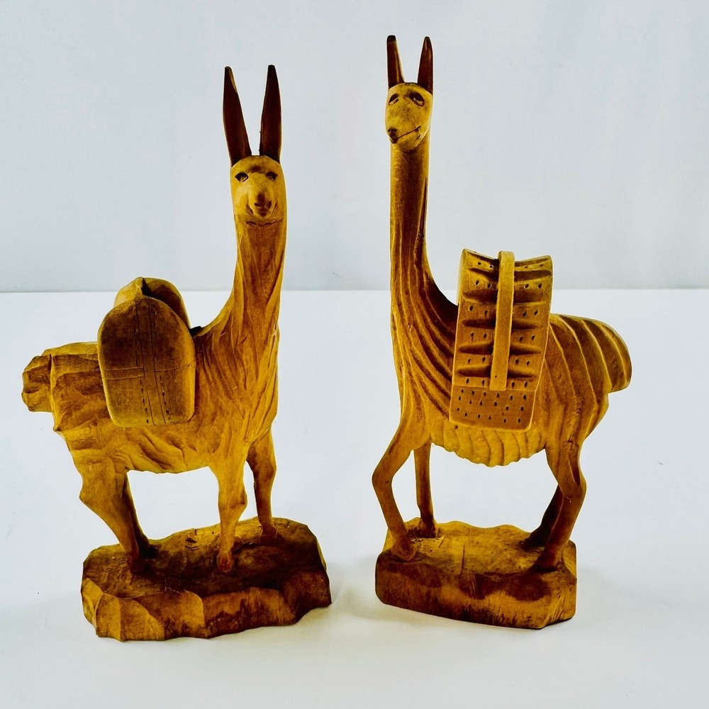 Vintage Hand Carved Wood Llama Alpaca Figurine 2 pcs Folk Art Rustic RARE BOHO